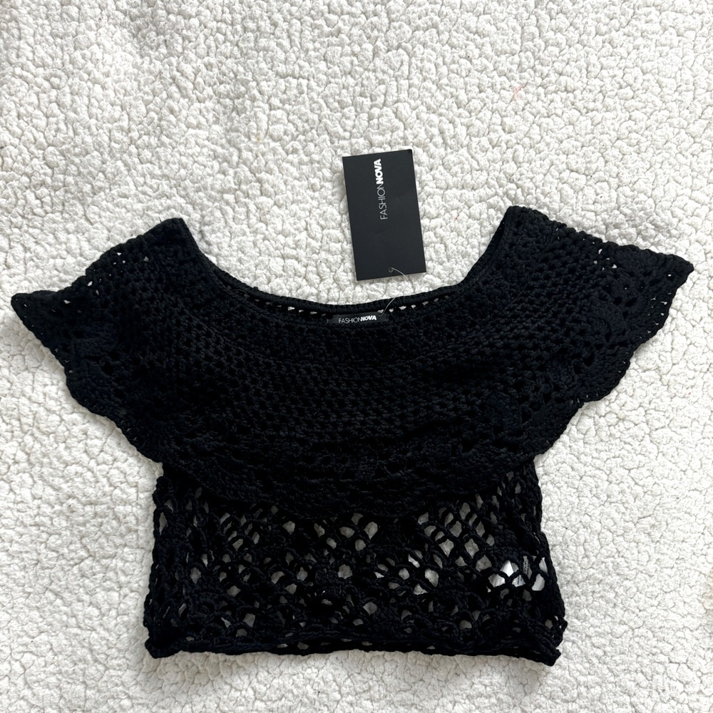 Fashion Nova Crochet Gypsy Hippie Top Off Shoulder Ruffle S/M Open Knit Festival